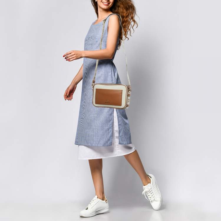 Pre Owned Michael Kors Beige/Tan Canvas And Leather Maeve Crossbody Bag