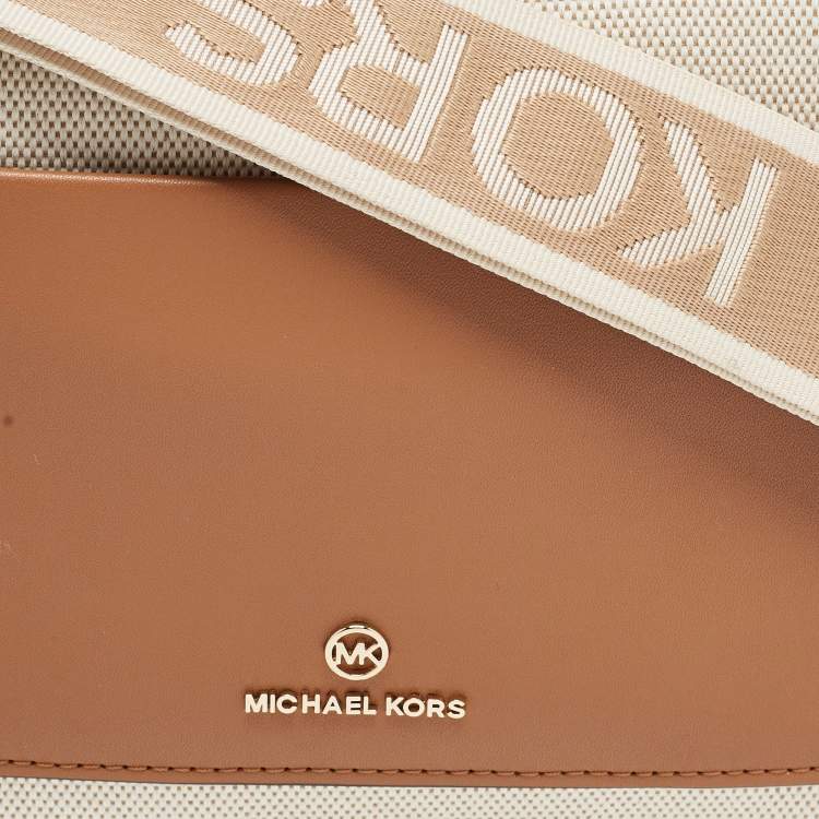 Pre Owned Michael Kors Beige/Tan Canvas And Leather Maeve Crossbody Bag