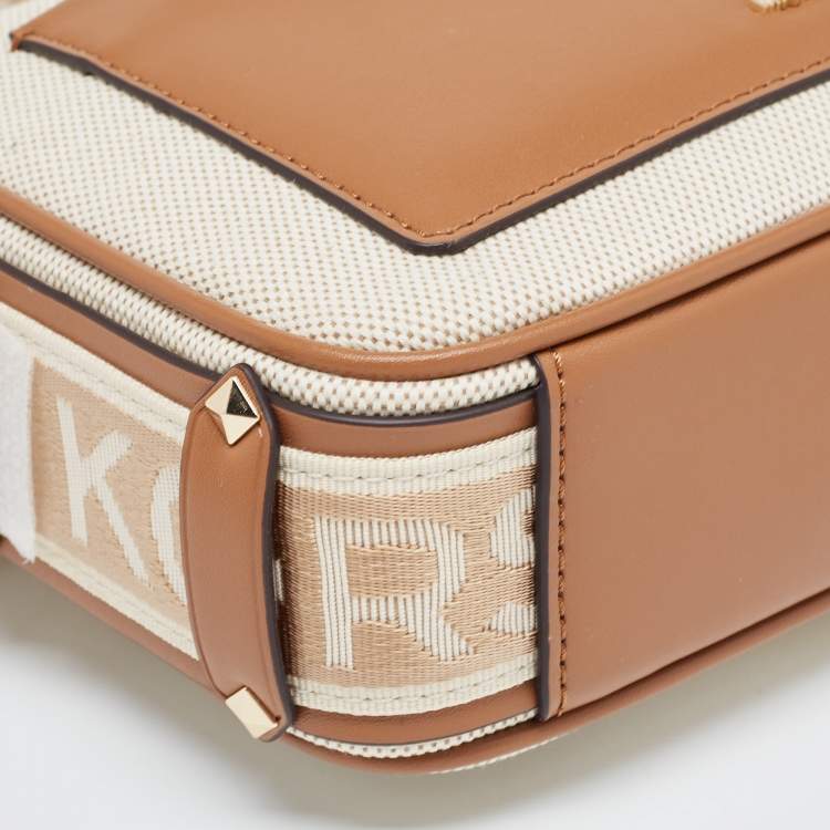 Pre Owned Michael Kors Beige/Tan Canvas And Leather Maeve Crossbody Bag