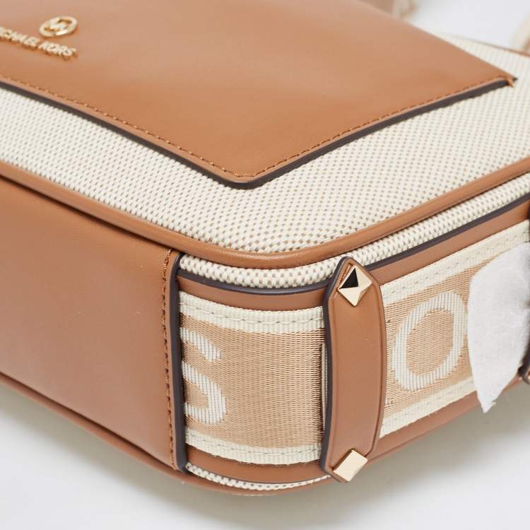 Pre Owned Michael Kors Beige/Tan Canvas And Leather Maeve Crossbody Bag