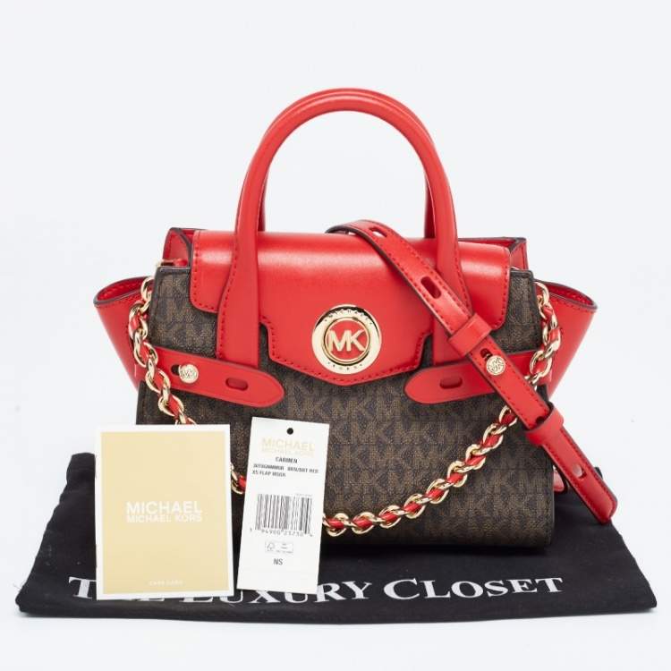 Pre Owned Michael Kors Red/Brown Signature Coated Canvas and Leather Extra Small Carmen Satchel