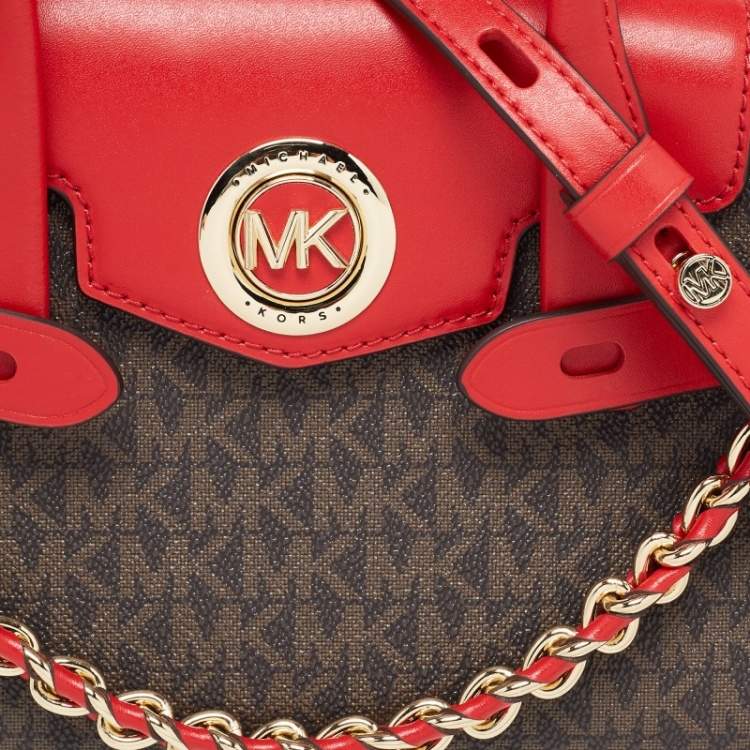 Pre Owned Michael Kors Red/Brown Signature Coated Canvas and Leather Extra Small Carmen Satchel