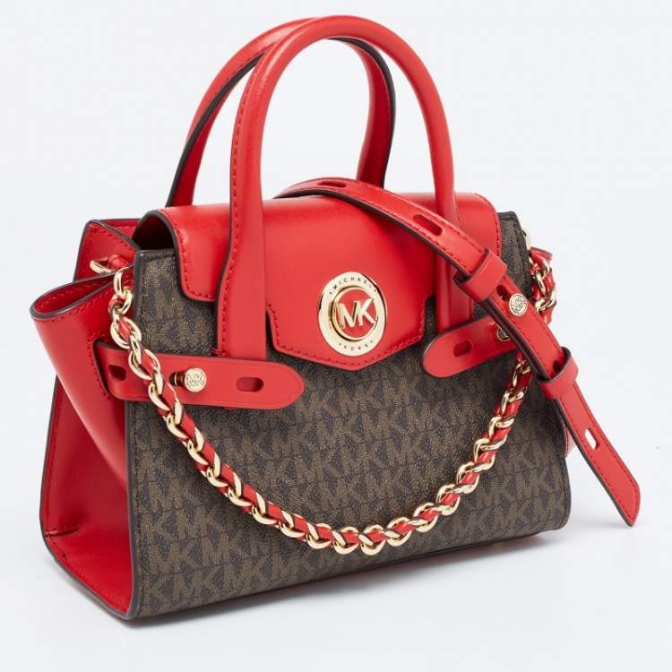 Pre Owned Michael Kors Red/Brown Signature Coated Canvas and Leather Extra Small Carmen Satchel
