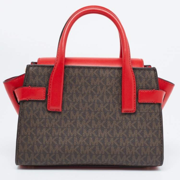Pre Owned Michael Kors Red/Brown Signature Coated Canvas and Leather Extra Small Carmen Satchel