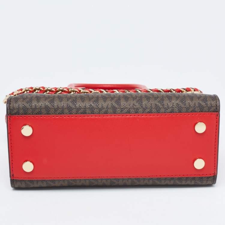 Pre Owned Michael Kors Red/Brown Signature Coated Canvas and Leather Extra Small Carmen Satchel