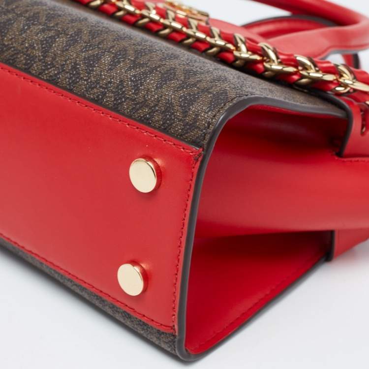 Pre Owned Michael Kors Red/Brown Signature Coated Canvas and Leather Extra Small Carmen Satchel