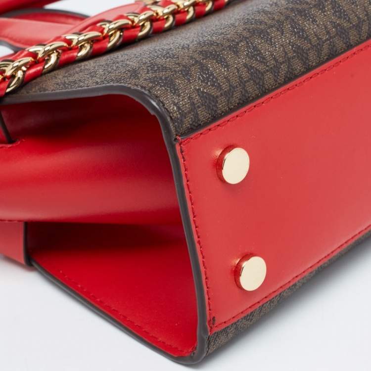 Pre Owned Michael Kors Red/Brown Signature Coated Canvas and Leather Extra Small Carmen Satchel