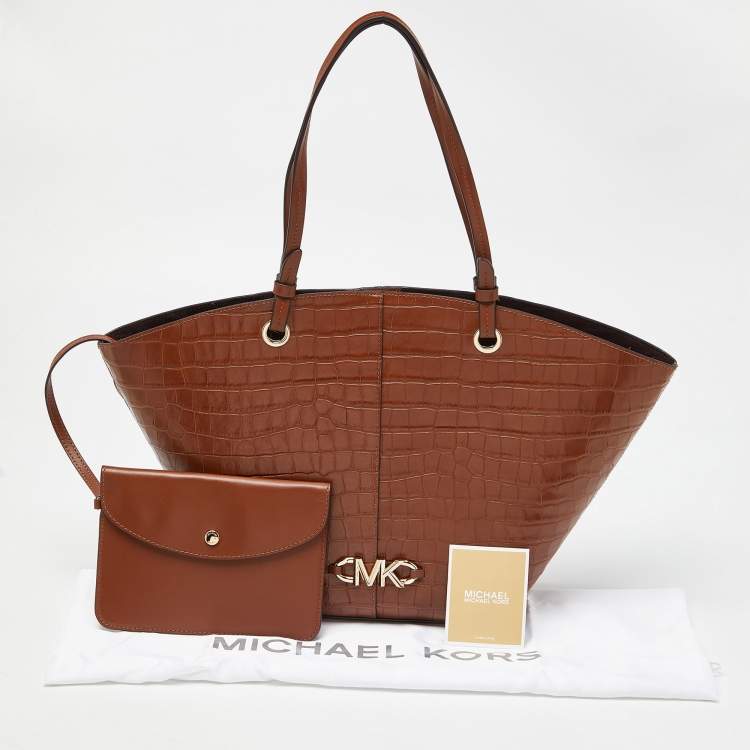 Pre Owned Michael Kors Brown Croc Embossed Leather Izzy Tote