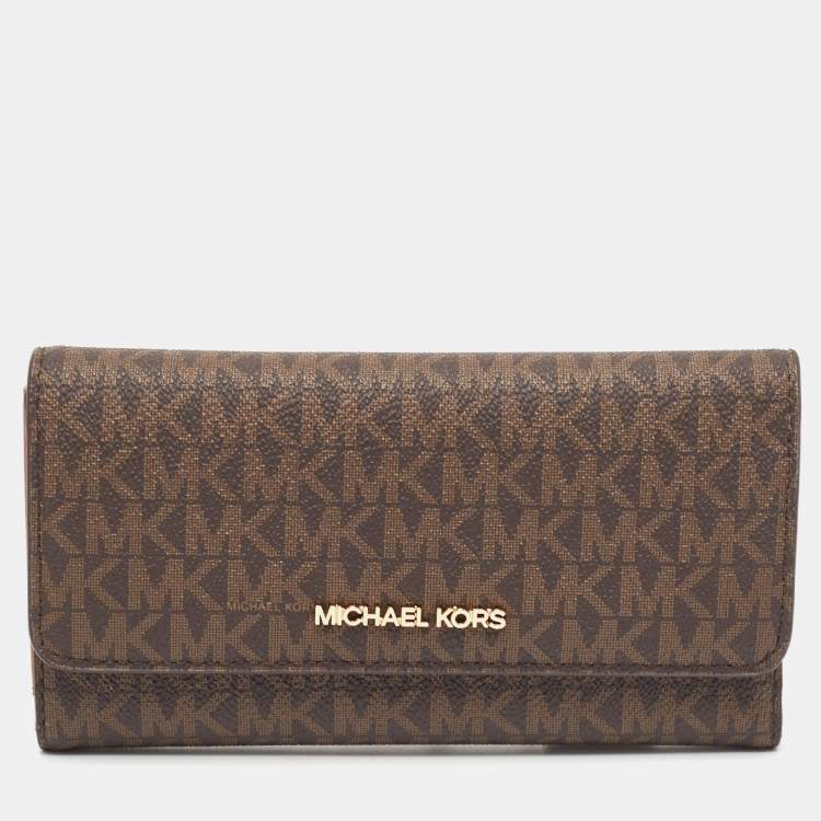 Michael Kors on sale Large trifold leather wallet brown signature