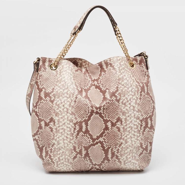 Pre Owned Michael Kors Beige Python Effect Leather Jet Set Chain Hobo 