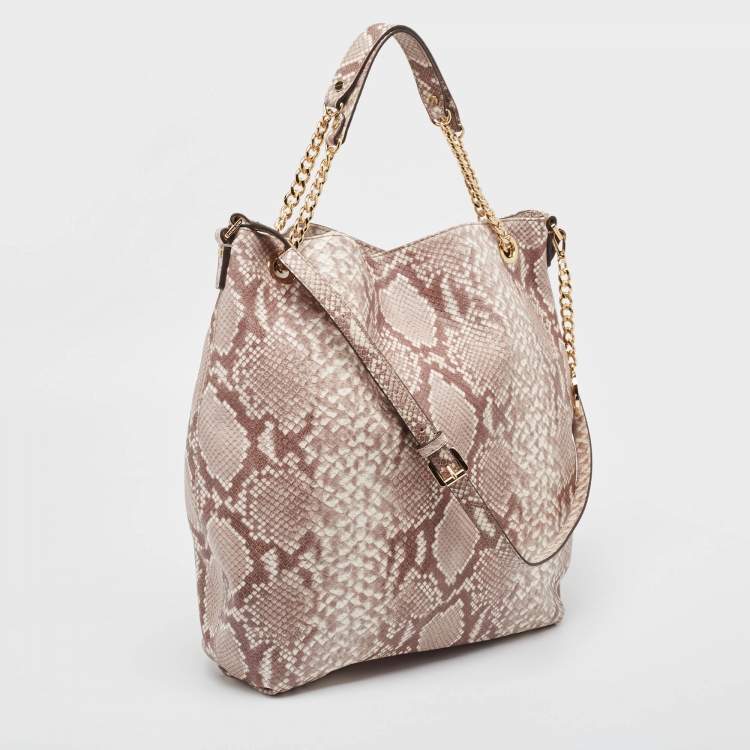 Pre Owned Michael Kors Beige Python Effect Leather Jet Set Chain Hobo 