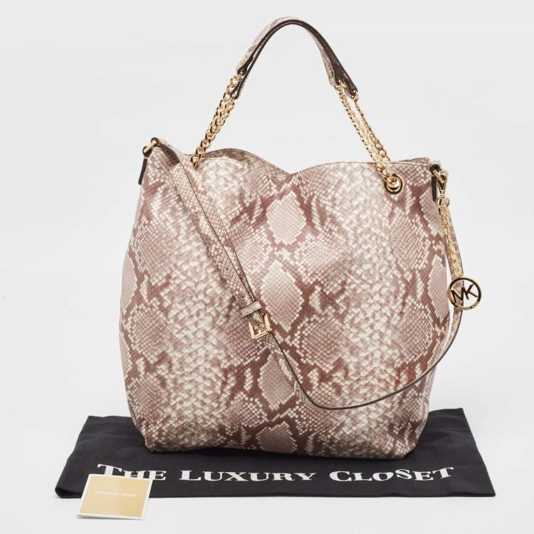 Pre Owned Michael Kors Beige Python Effect Leather Jet Set Chain Hobo 