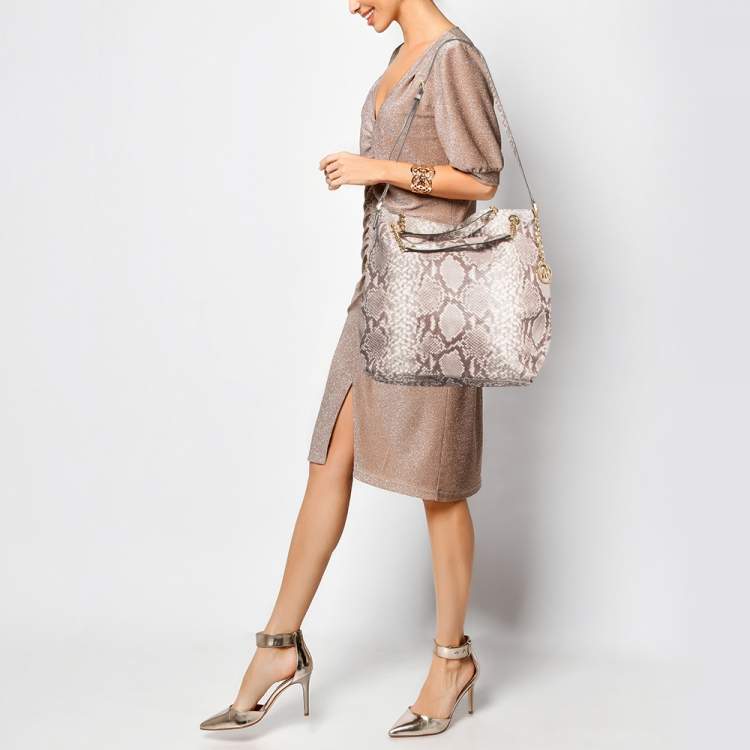 Pre Owned Michael Kors Beige Python Effect Leather Jet Set Chain Hobo 