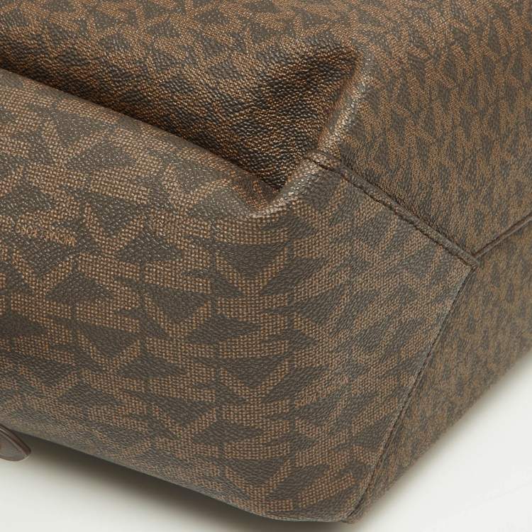 Pre Owned Michael Kors Brown Signature Coated Canvas and Leather Freya Tote