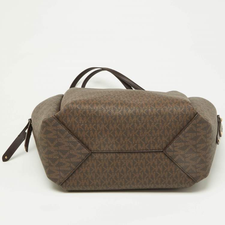 Pre Owned Michael Kors Brown Signature Coated Canvas and Leather Freya Tote