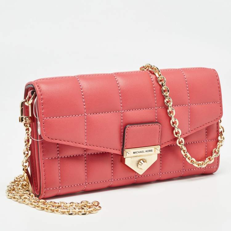 Pre Owned Michael Kors Rose Red Quilted Leather Large Soho Wallet On Chain