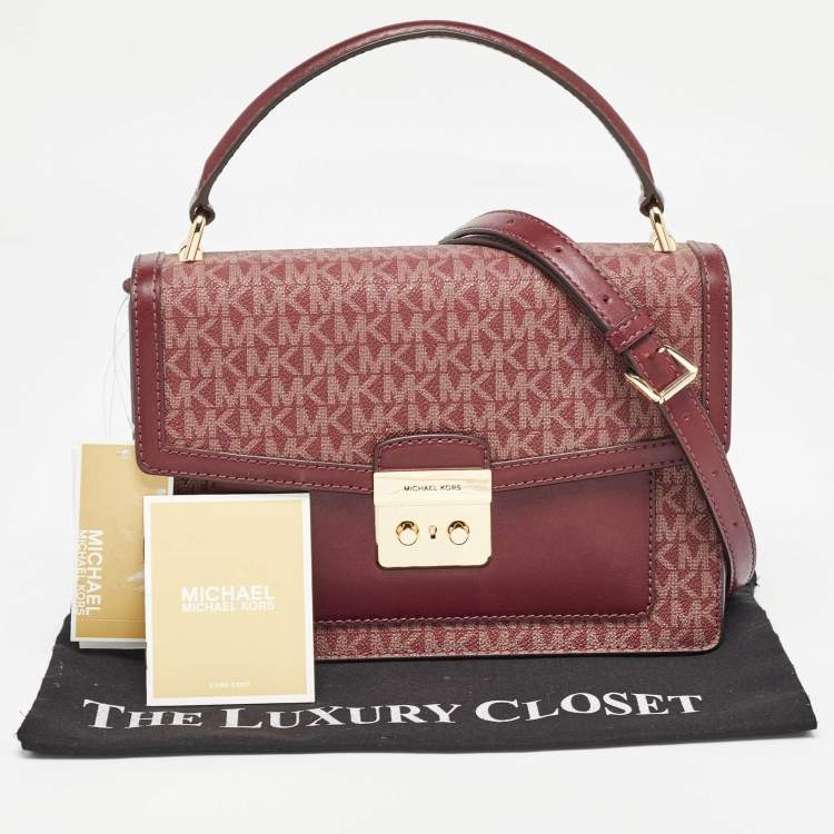 Pre Owned Michael Kors Burgundy Signature Coated Canvas Medium Johara Top Handle Bag
