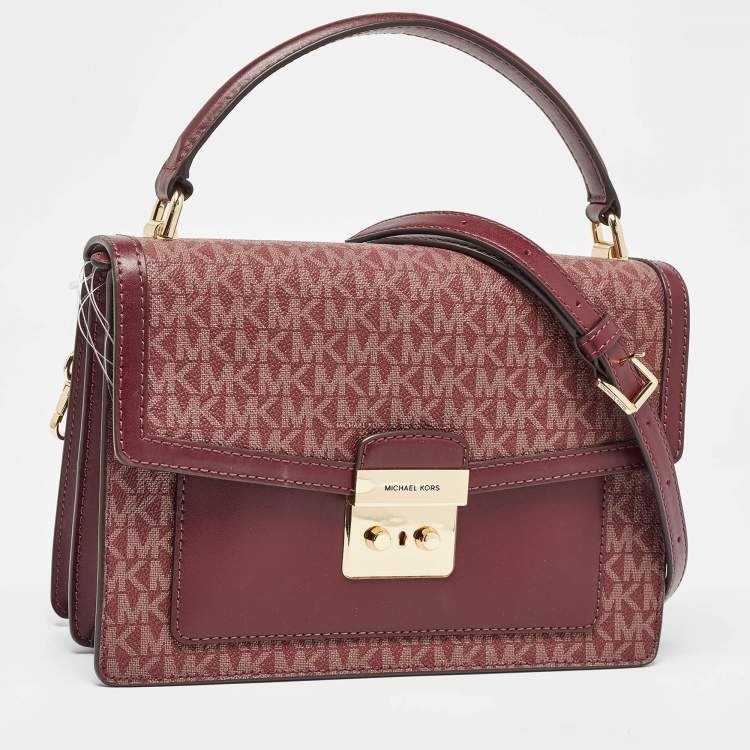 Pre Owned Michael Kors Burgundy Signature Coated Canvas Medium Johara Top Handle Bag