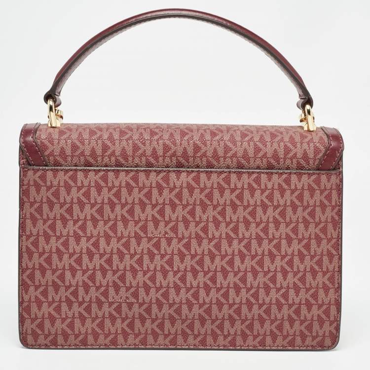 Pre Owned Michael Kors Burgundy Signature Coated Canvas Medium Johara Top Handle Bag