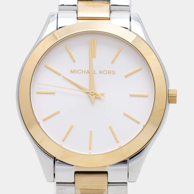 Pre Owned Michael Kors Silver Two Tone Stainless Steel Runway MK3198 Women's Wristwatch 42 mm