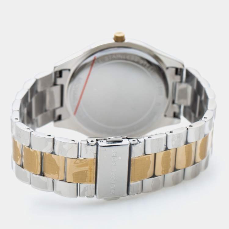 Pre Owned Michael Kors Silver Two Tone Stainless Steel Runway MK3198 Women's Wristwatch 42 mm