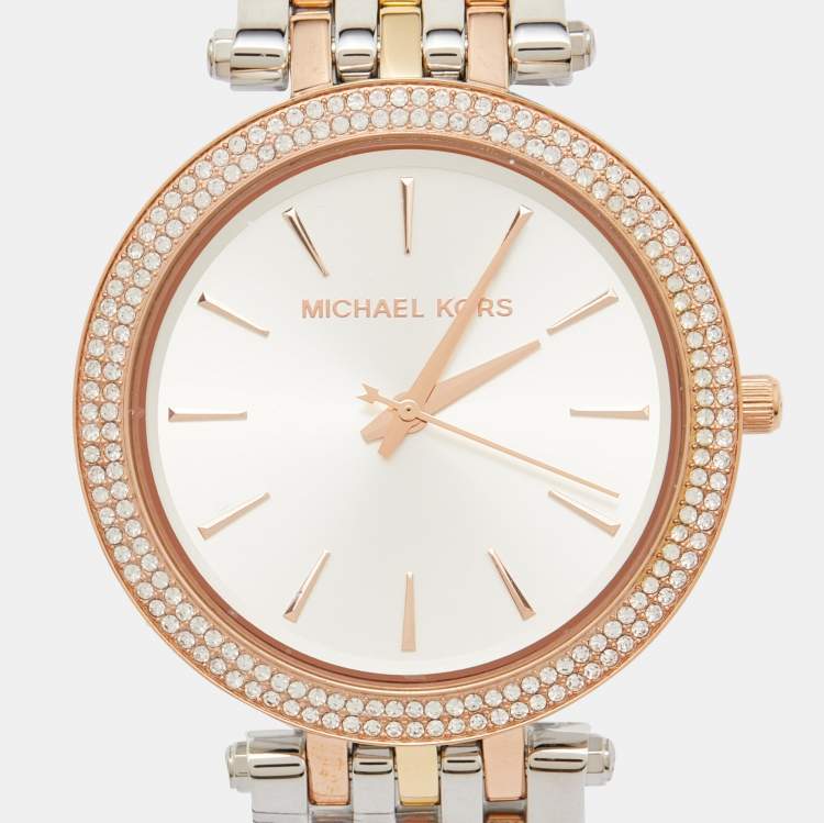 Pre Owned Michael Kors Silver Three Tone Stainless Steel Darci Pavé MK3203 Women's Wristwatch 39 mm