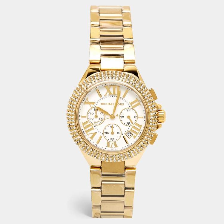 Pre Owned Michael Kors White Yellow Gold PVD Coated Stainless Steel Oversized Camille Pave MK6994 Women's Wristwatch 43 mm