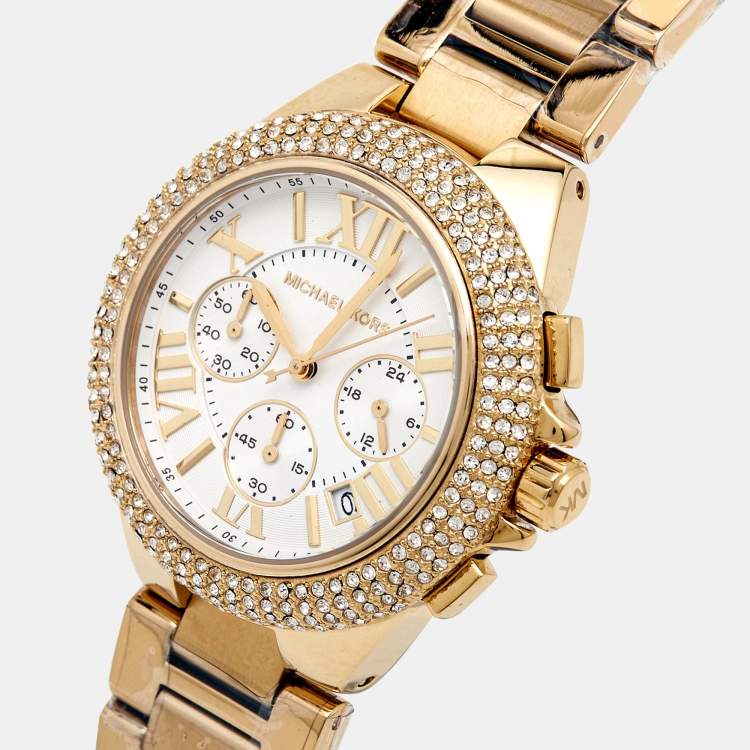 Pre Owned Michael Kors White Yellow Gold PVD Coated Stainless Steel Oversized Camille Pave MK6994 Women's Wristwatch 43 mm