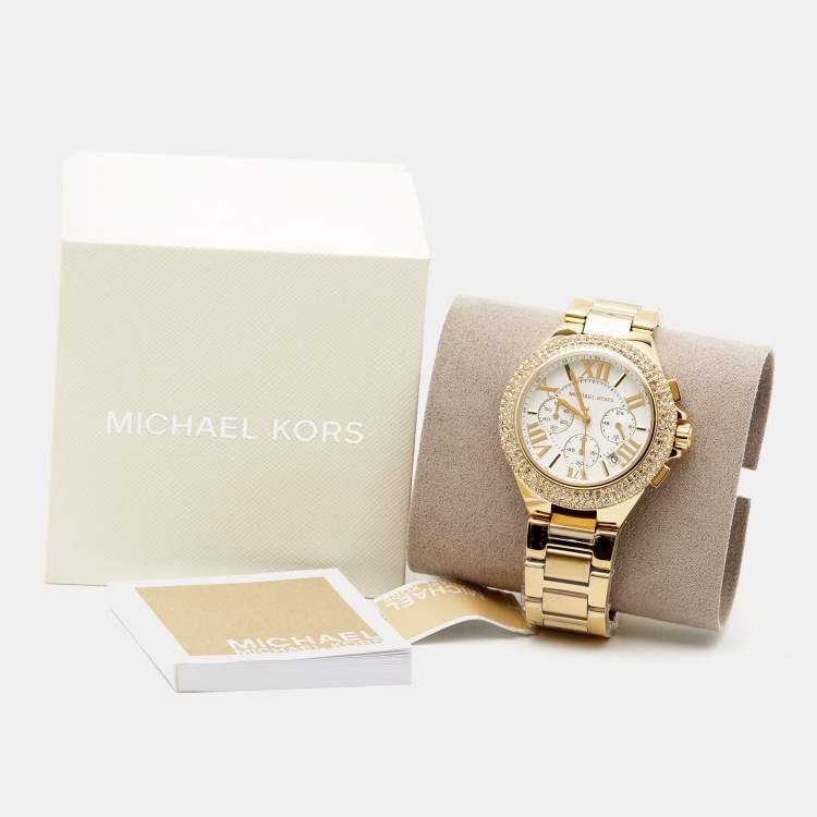Pre Owned Michael Kors White Yellow Gold PVD Coated Stainless Steel Oversized Camille Pave MK6994 Women's Wristwatch 43 mm