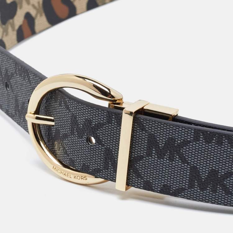 Pre Owned Michael Kors Multicolor Signature Coated Canvas Leopard Printed Reversible Buckle Belt 105CM