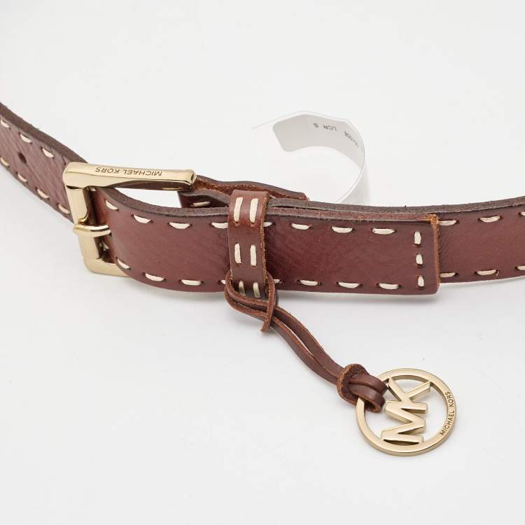 Pre Owned Michael Kors Brown Leather Logo Charm Buckle Belt S