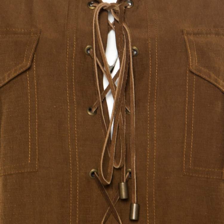 Pre Owned Micahel Kors Pecan Brown Linen Silk Lace Up Safari Dress L 