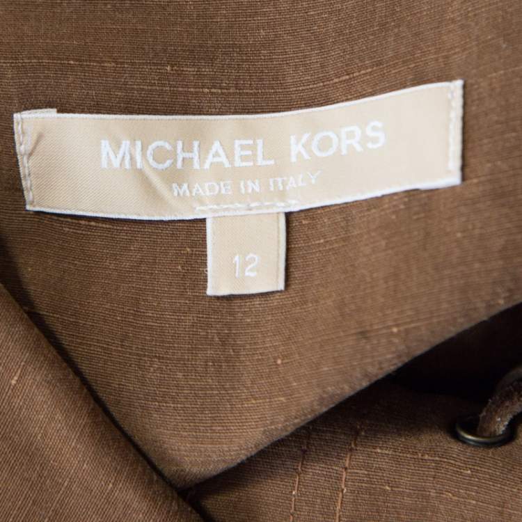Pre Owned Micahel Kors Pecan Brown Linen Silk Lace Up Safari Dress L 