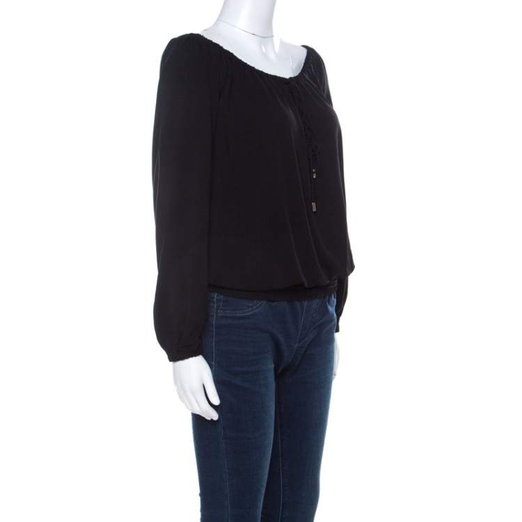 Pre Owned Michael Kors Black Crepe Drawstring Detail Off Shoulder Top XS