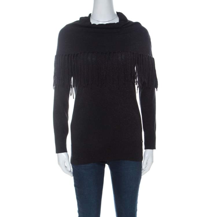 Michael Kors Black Lurex Cowl Neck Fringe Detail Knit Sweater XS Michael  Kors | TLC