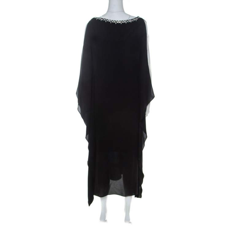 Pre Owned Michael Kors Black Crepe Embellished Bateau Neck Asymmetric Dress S