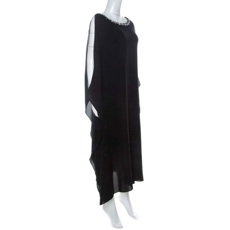 Pre Owned Michael Kors Black Crepe Embellished Bateau Neck Asymmetric Dress S
