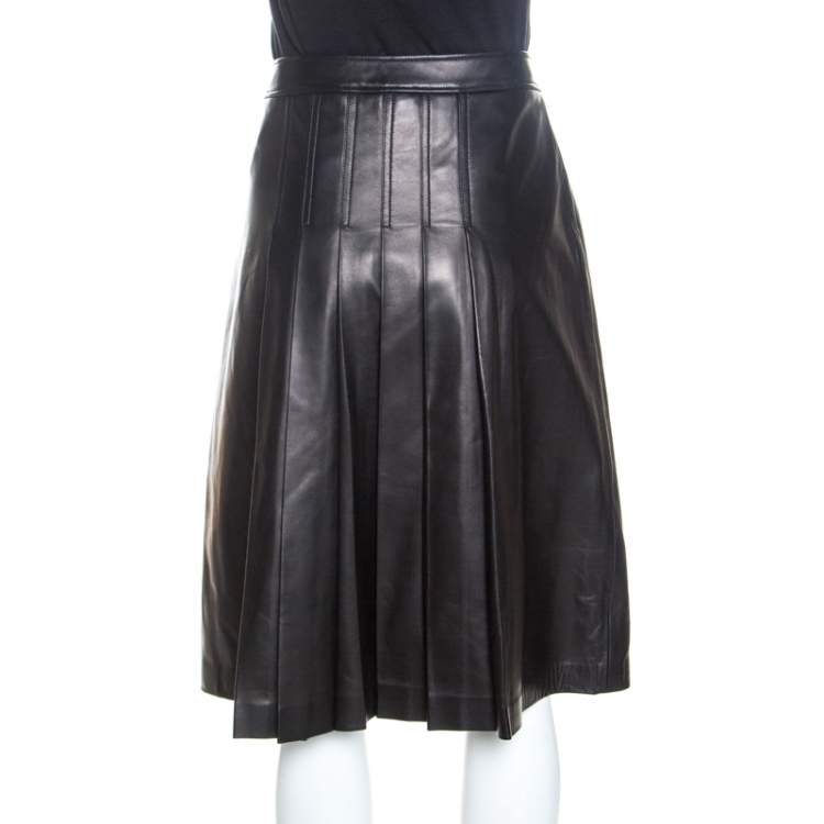 Pre Owned Michael Kors Dark Brown Leather Pleated Midi Skirt M