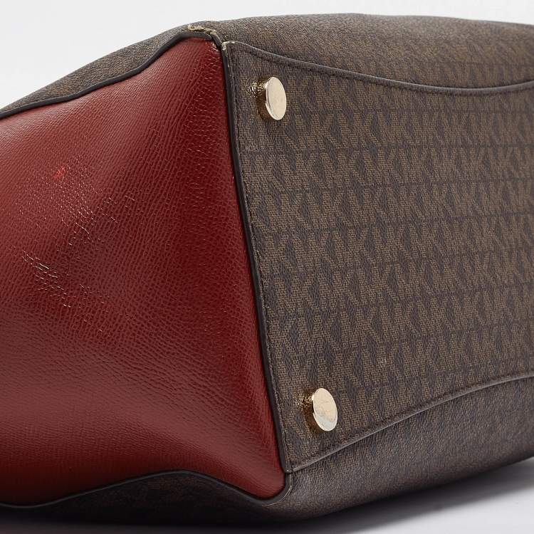Pre Owned Michael Kors Red/Brown Signature Coated Canvas and Leather Voyager East West Tote