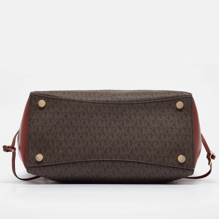 Pre Owned Michael Kors Red/Brown Signature Coated Canvas and Leather Voyager East West Tote
