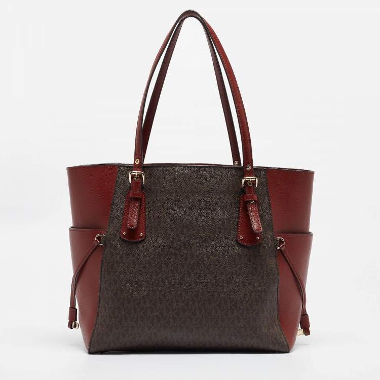 Pre Owned Michael Kors Red/Brown Signature Coated Canvas and Leather Voyager East West Tote
