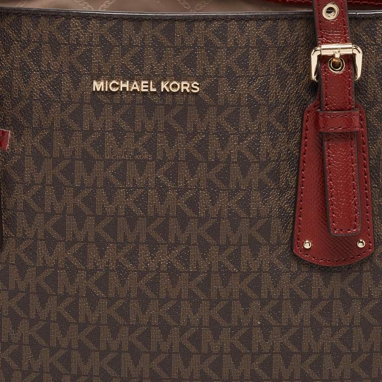 Pre Owned Michael Kors Red/Brown Signature Coated Canvas and Leather Voyager East West Tote