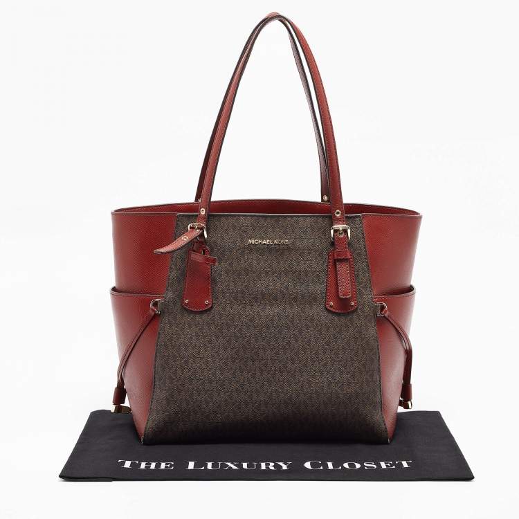 Pre Owned Michael Kors Red/Brown Signature Coated Canvas and Leather Voyager East West Tote