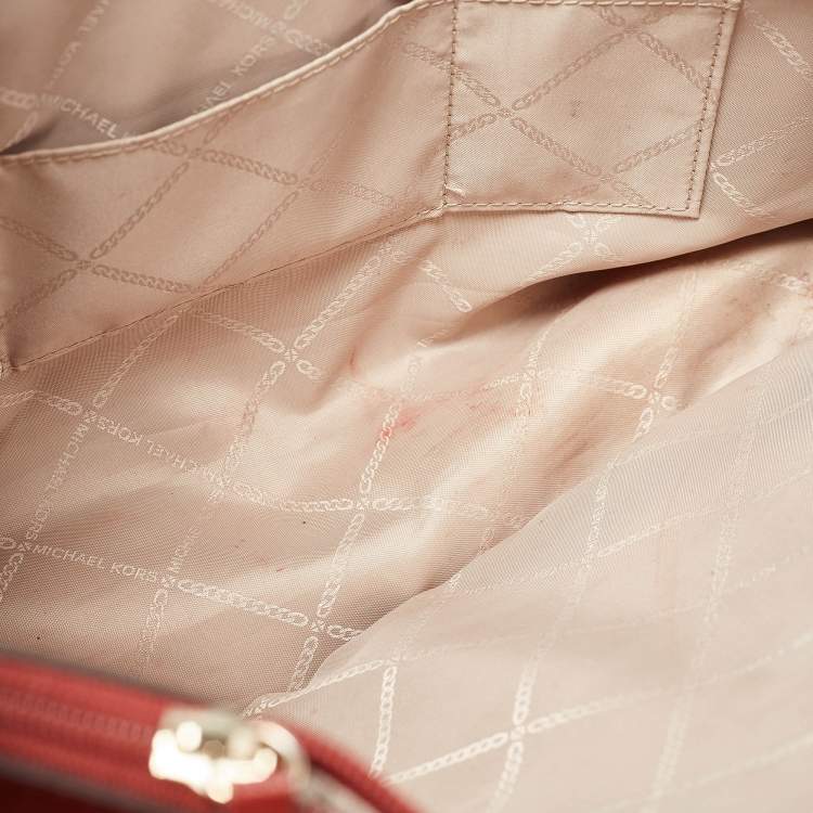 Pre Owned Michael Kors Red/Brown Signature Coated Canvas and Leather Voyager East West Tote