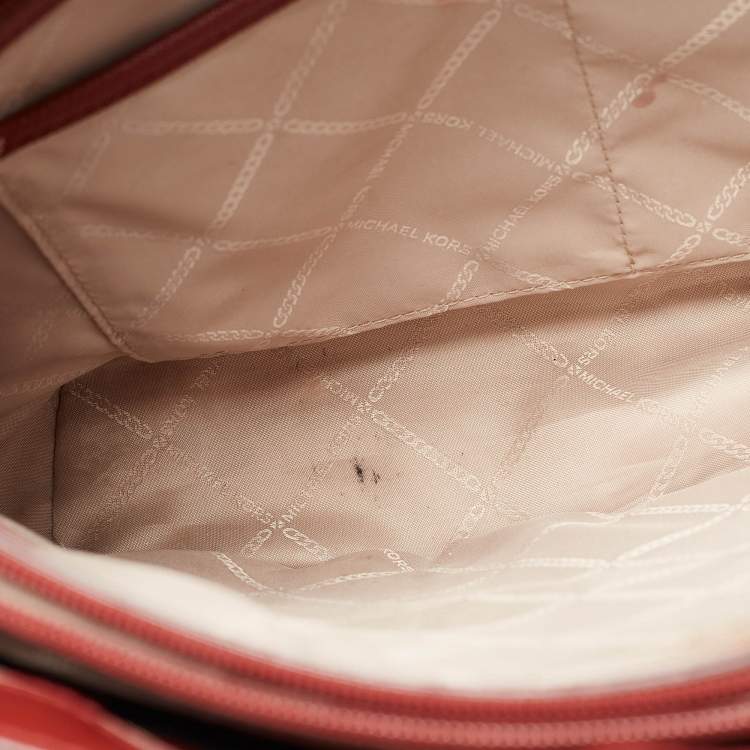Pre Owned Michael Kors Red/Brown Signature Coated Canvas and Leather Voyager East West Tote