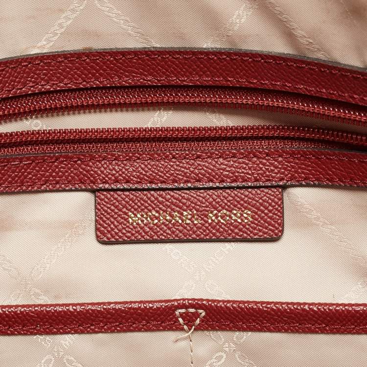 Pre Owned Michael Kors Red/Brown Signature Coated Canvas and Leather Voyager East West Tote