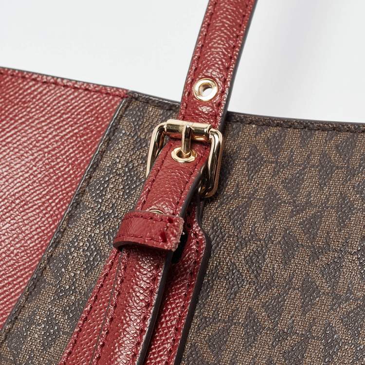 Pre Owned Michael Kors Red/Brown Signature Coated Canvas and Leather Voyager East West Tote