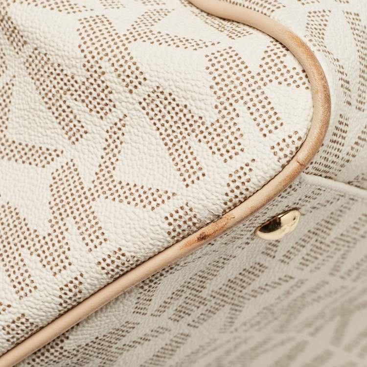 Pre Owned Michael Kors Beige/White Signature Coated Canvas and Leather Charm Satchel