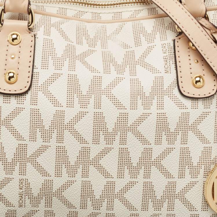 Pre Owned Michael Kors Beige/White Signature Coated Canvas and Leather Charm Satchel