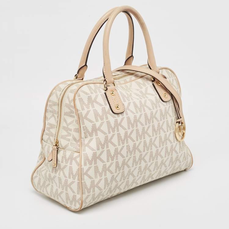 Pre Owned Michael Kors Beige/White Signature Coated Canvas and Leather Charm Satchel